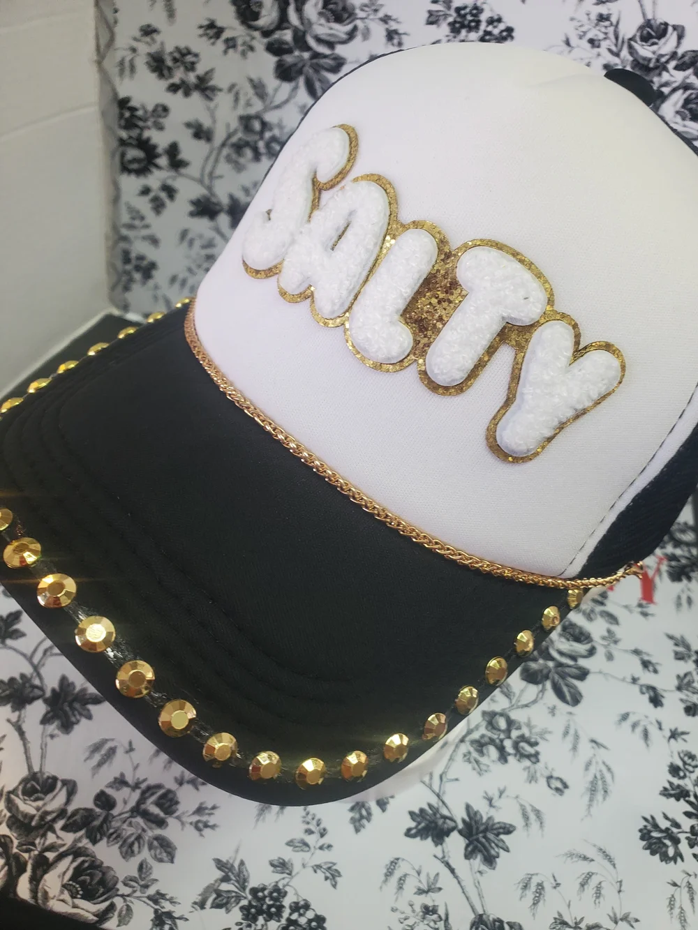 Black & White 'Salty' Embellished Trucker Hat